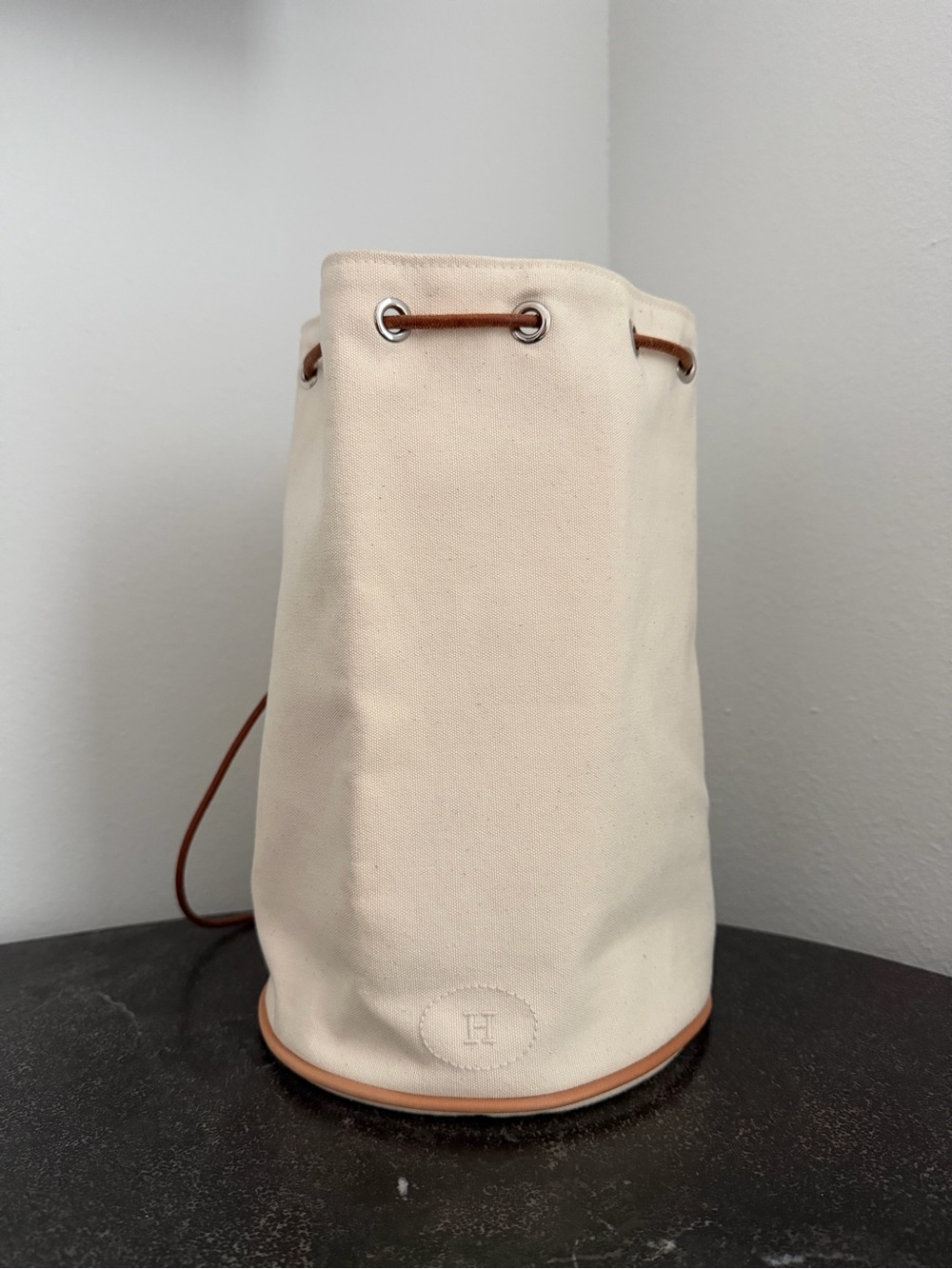 Hermes Cream Canvas Bucket Bag w/ Brown Leather Drawstring - Authentic Pre-Loved